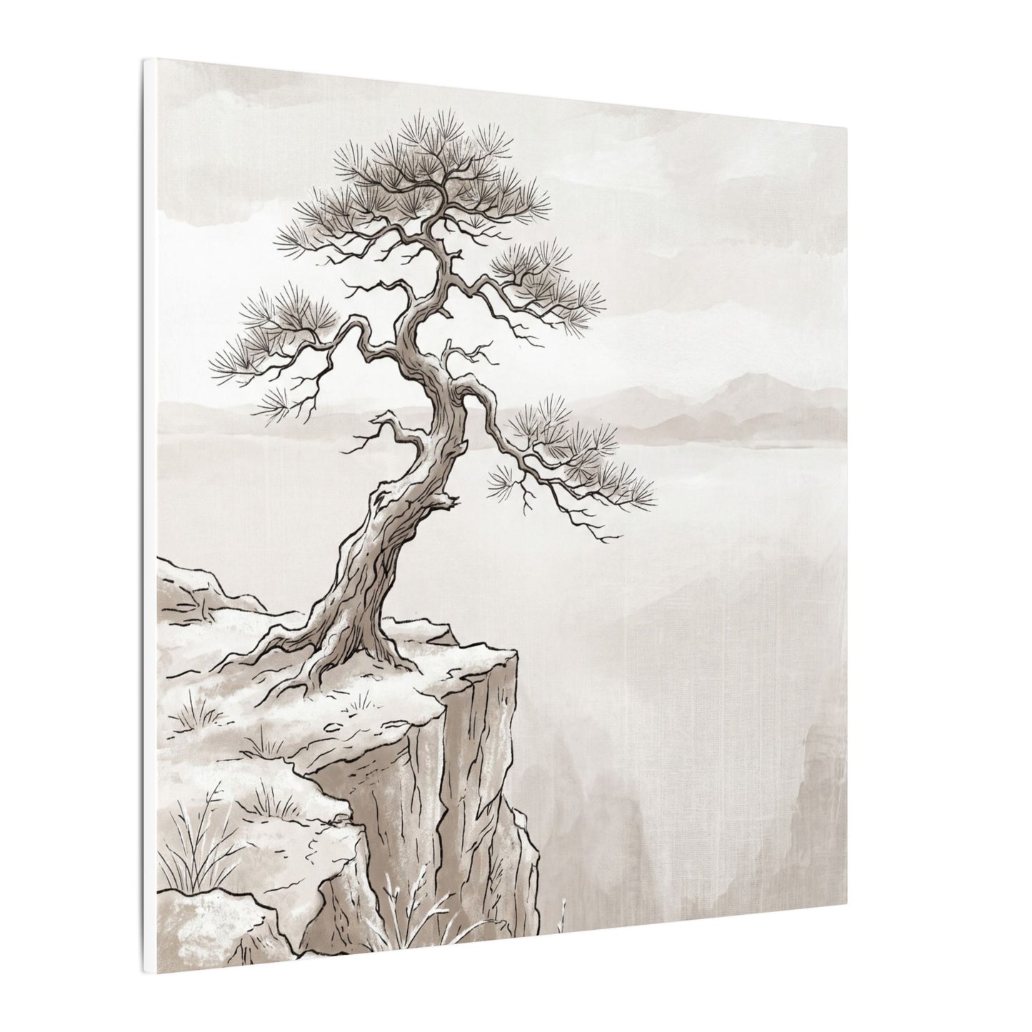 Neutral Pine Tree Canvas Art - Minimal Line Japandi