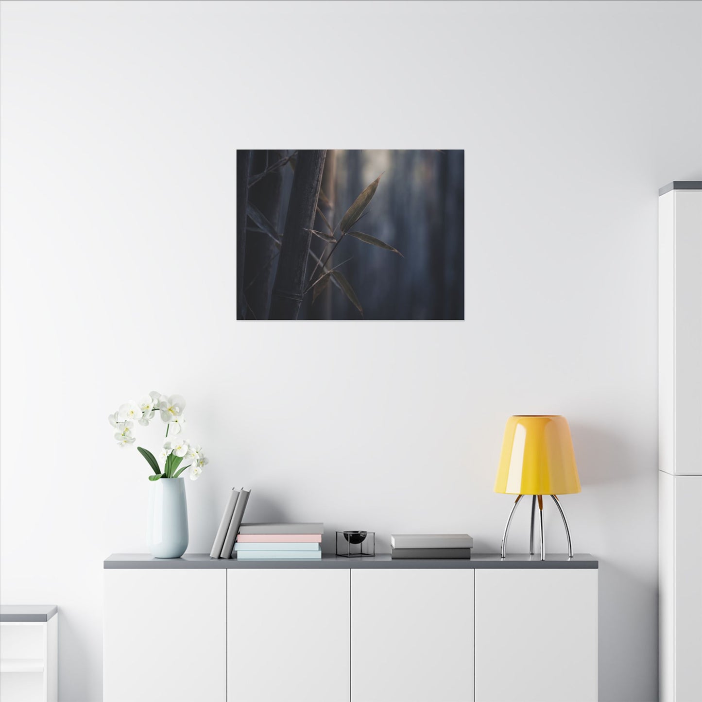 Dark Japandi Bamboo Grove in Dawn | Moody Minimal Canvas Art