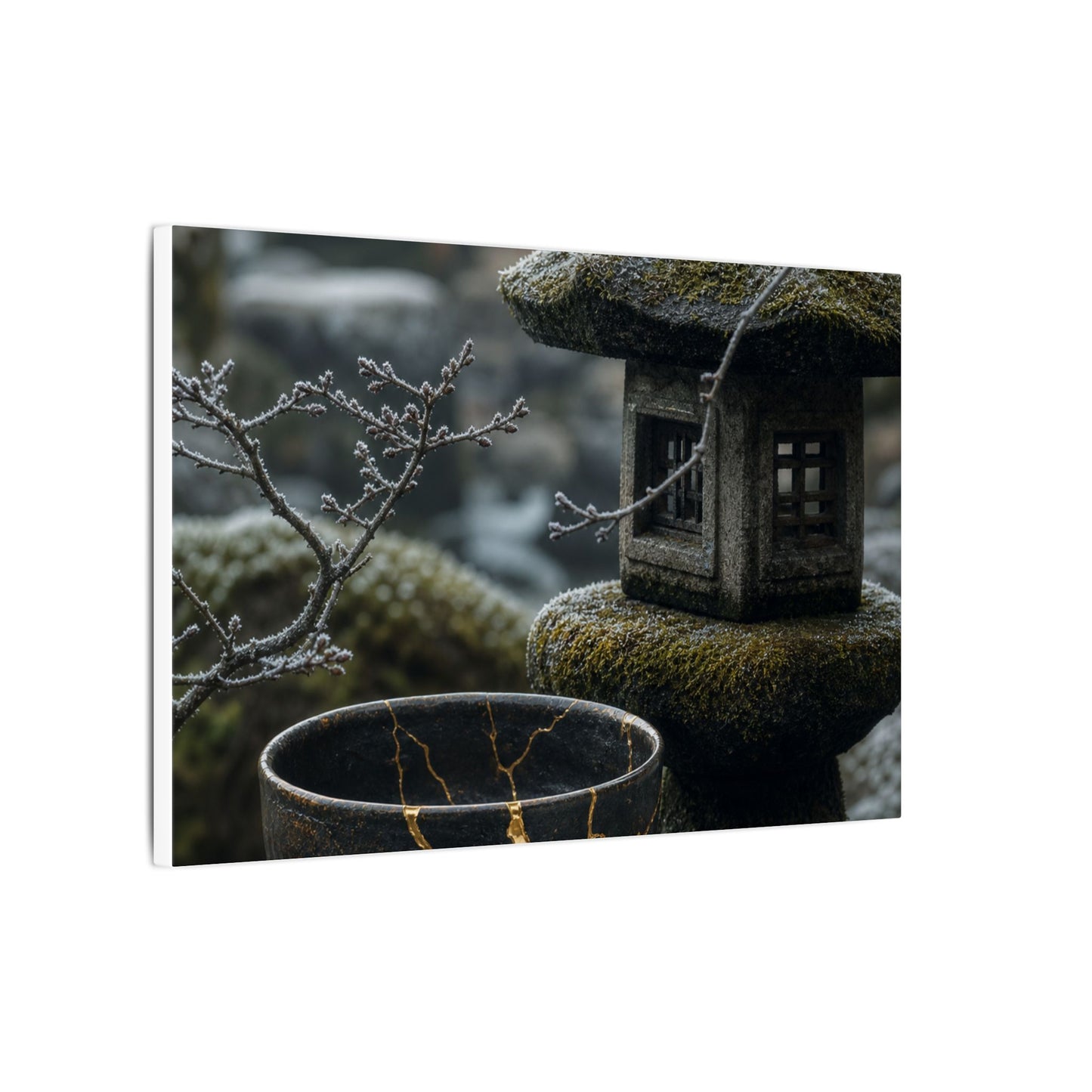 Stone Lantern Canvas Art | Winter Kintsugi Gold Repair Art