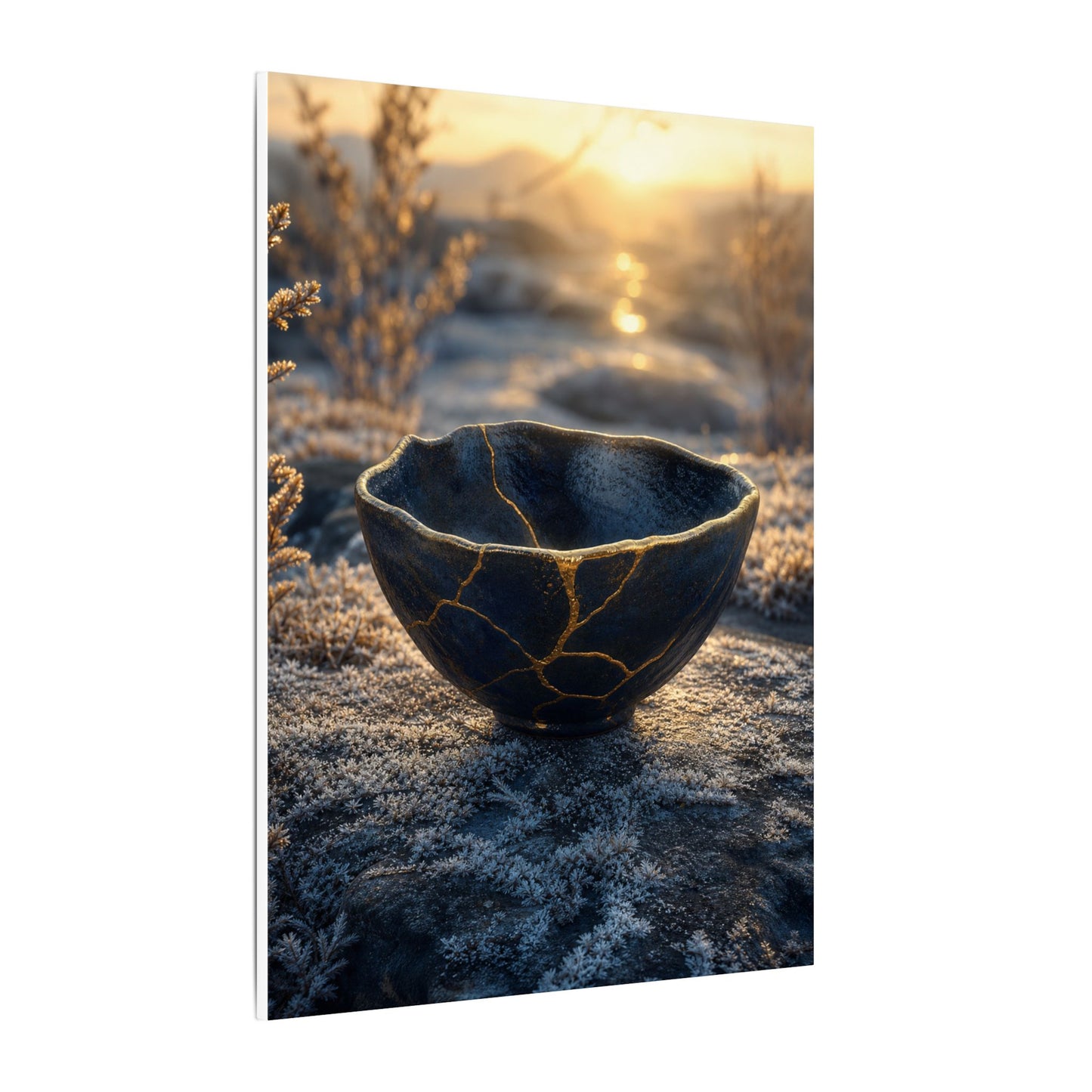 Ceramic Bowl Canvas Art | Winter Kintsugi Gold Repair Art