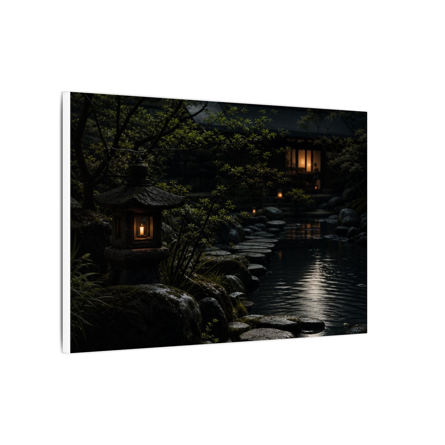 Moonlit Garden Shadow Zen Canvas Art | Sophisticated Dark Japandi Art