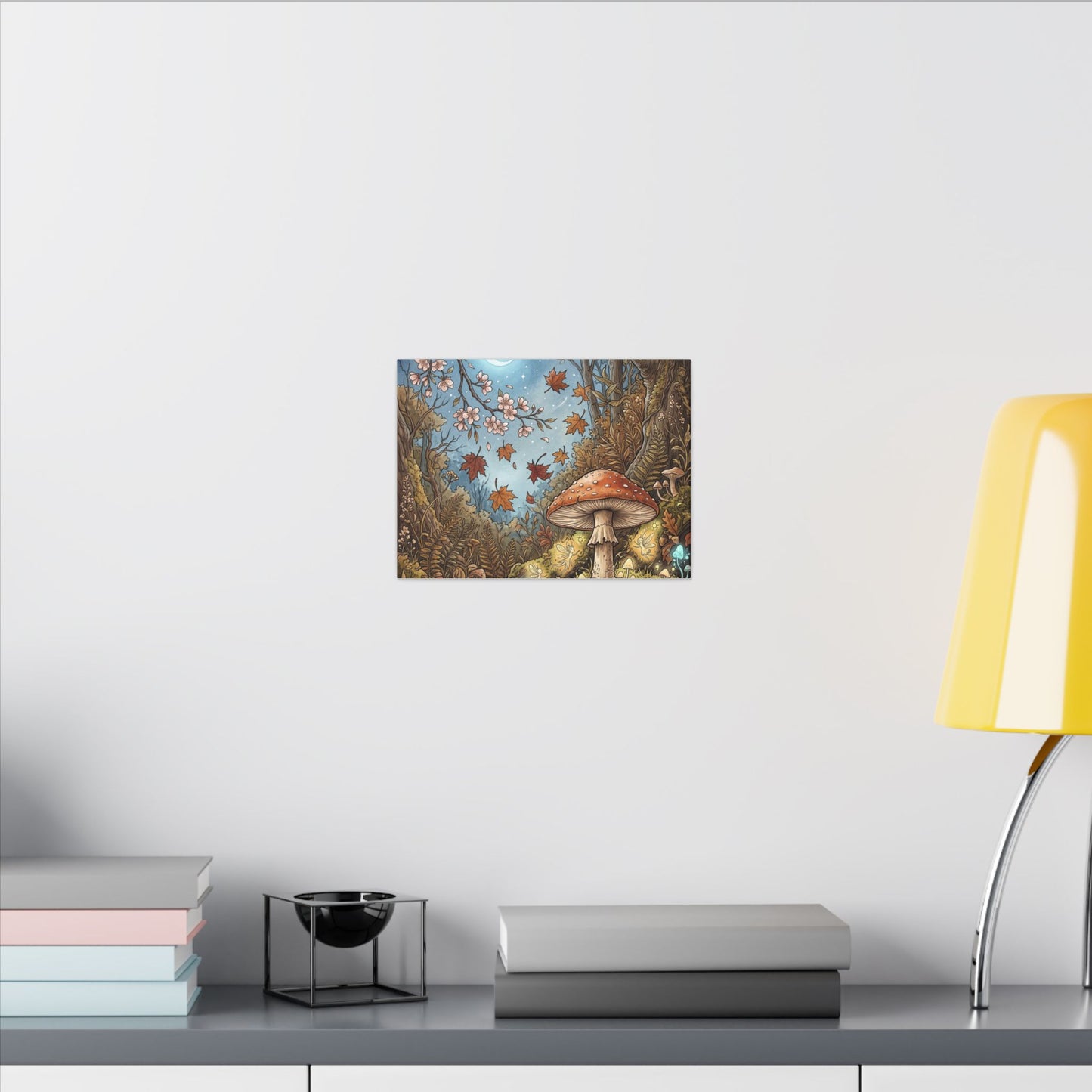 Autumn Cherry Blossom Mushroom Illustration Canvas Art | Enchanting Decor