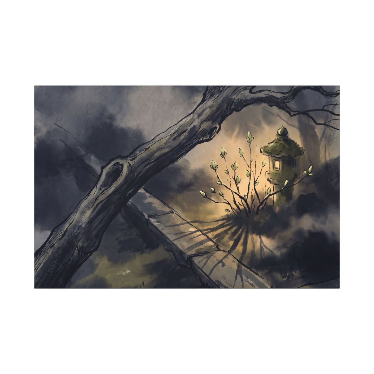 Dark Japandi Moonlit Garden in Golden Hour | Charcoal Ink Canvas Art