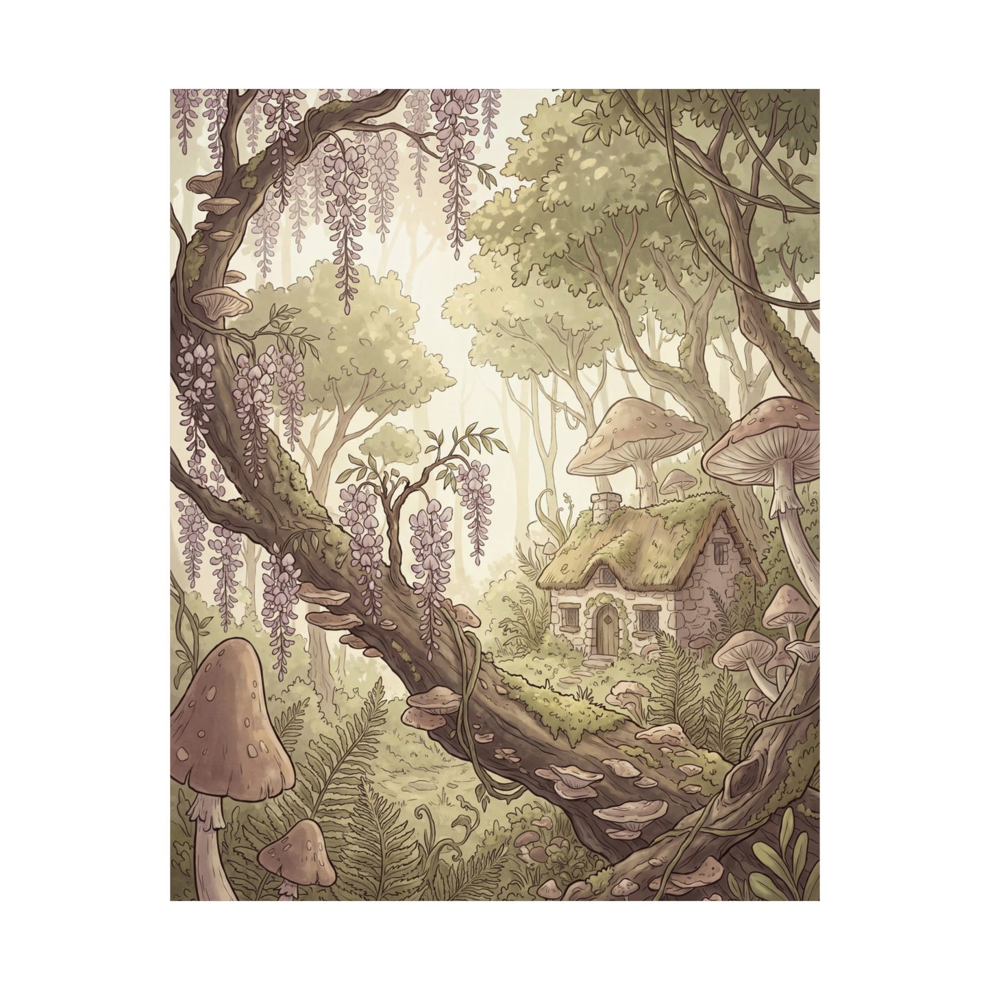 Summer Wisteria Mushroom Illustration Wall Art Print | Rustic Decor