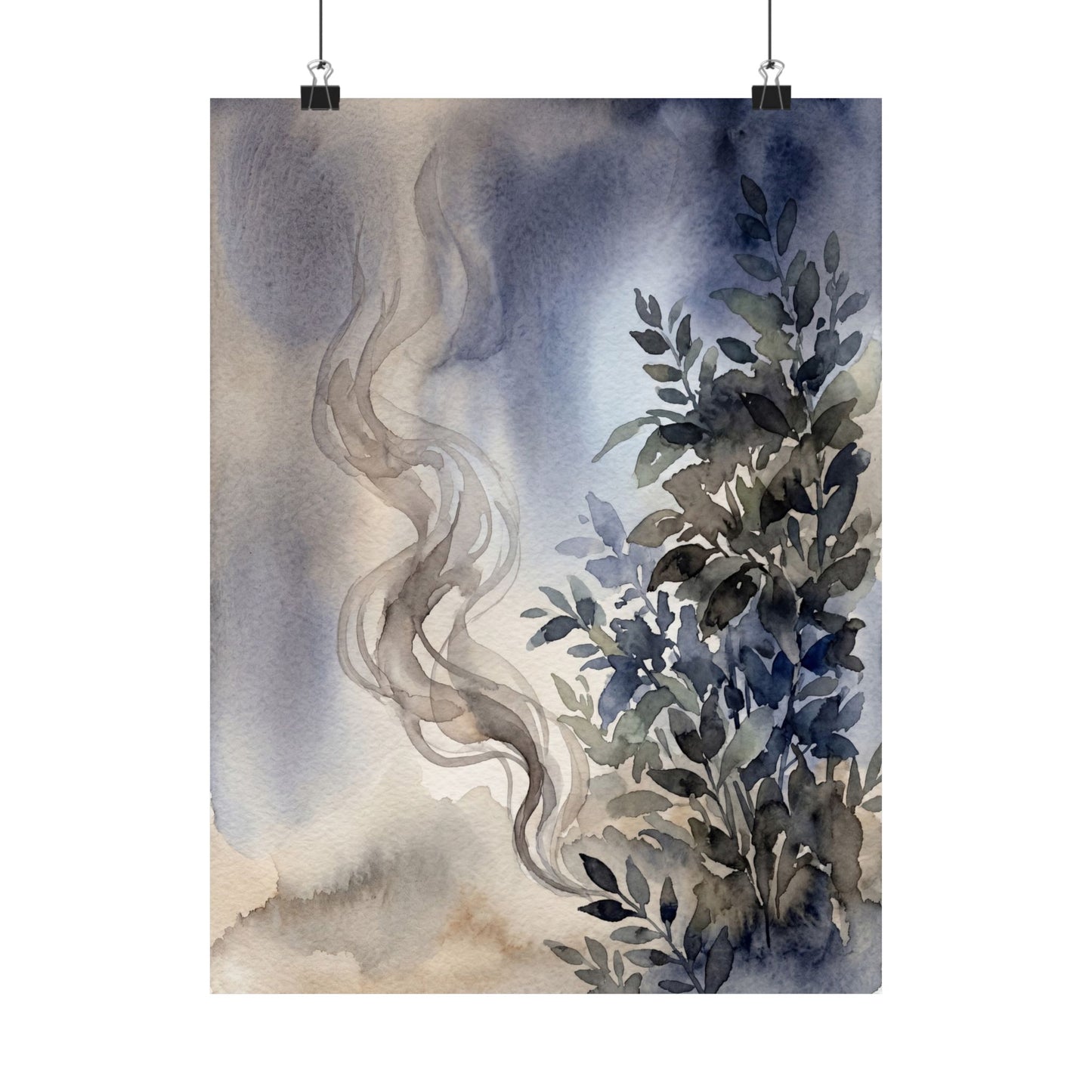 Japandi Incense Smoke in Moonlight | Watercolor Wall Art Print
