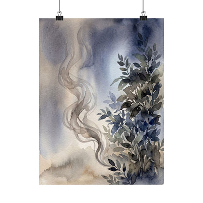 Japandi Incense Smoke in Moonlight | Watercolor Wall Art Print