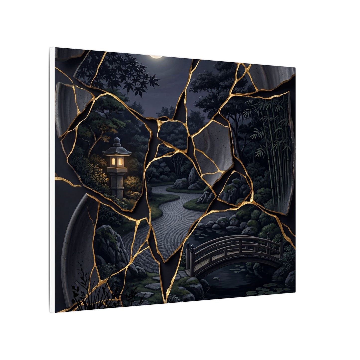 Kintsugi Moonlit Garden in Golden Hour | Gold Repair Canvas Art