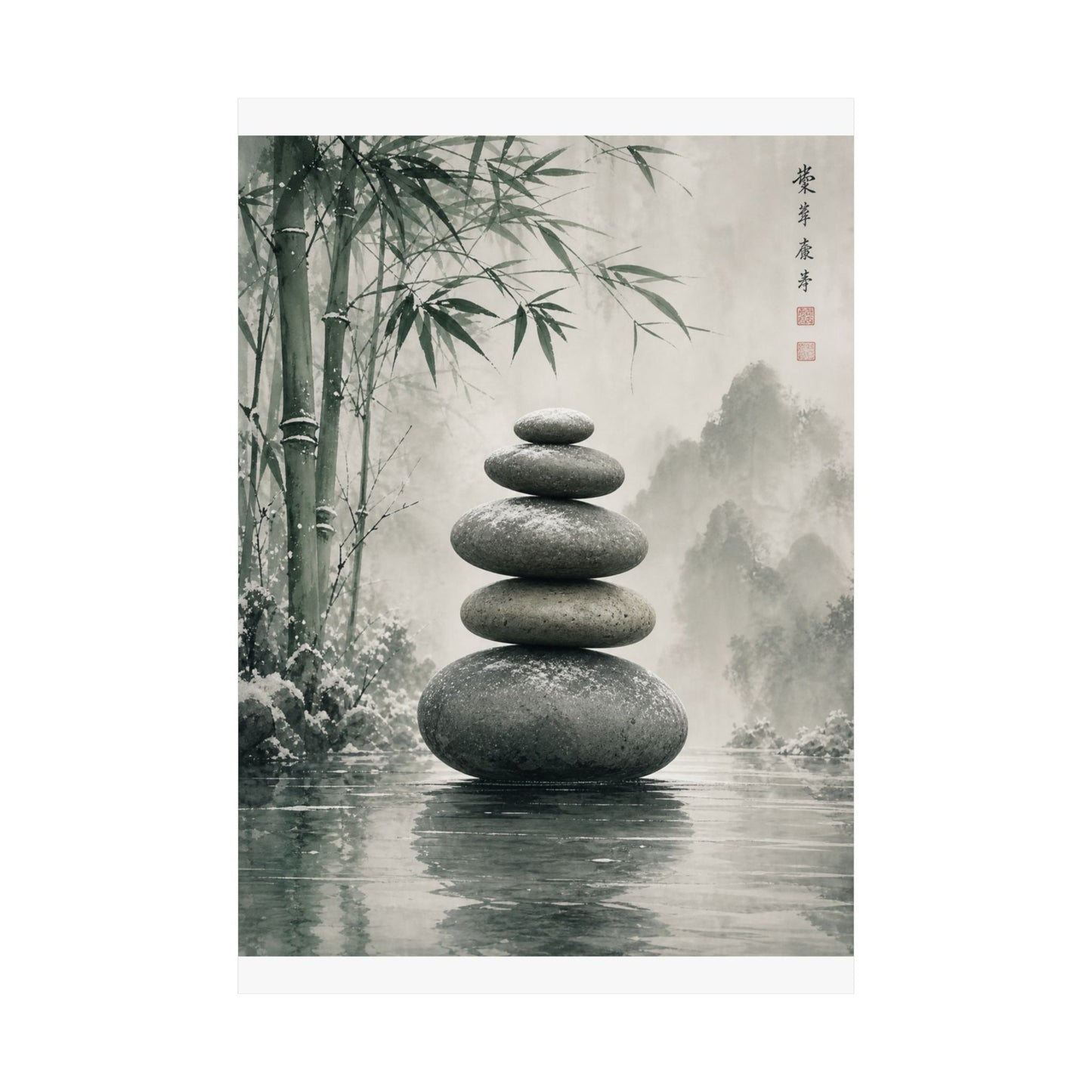 River Stones Sumi E Wall Art Print | Tranquil Zen Art