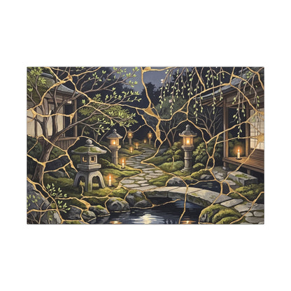 Kintsugi Moonlit Garden in Candlelight | Gold Vein Canvas Art