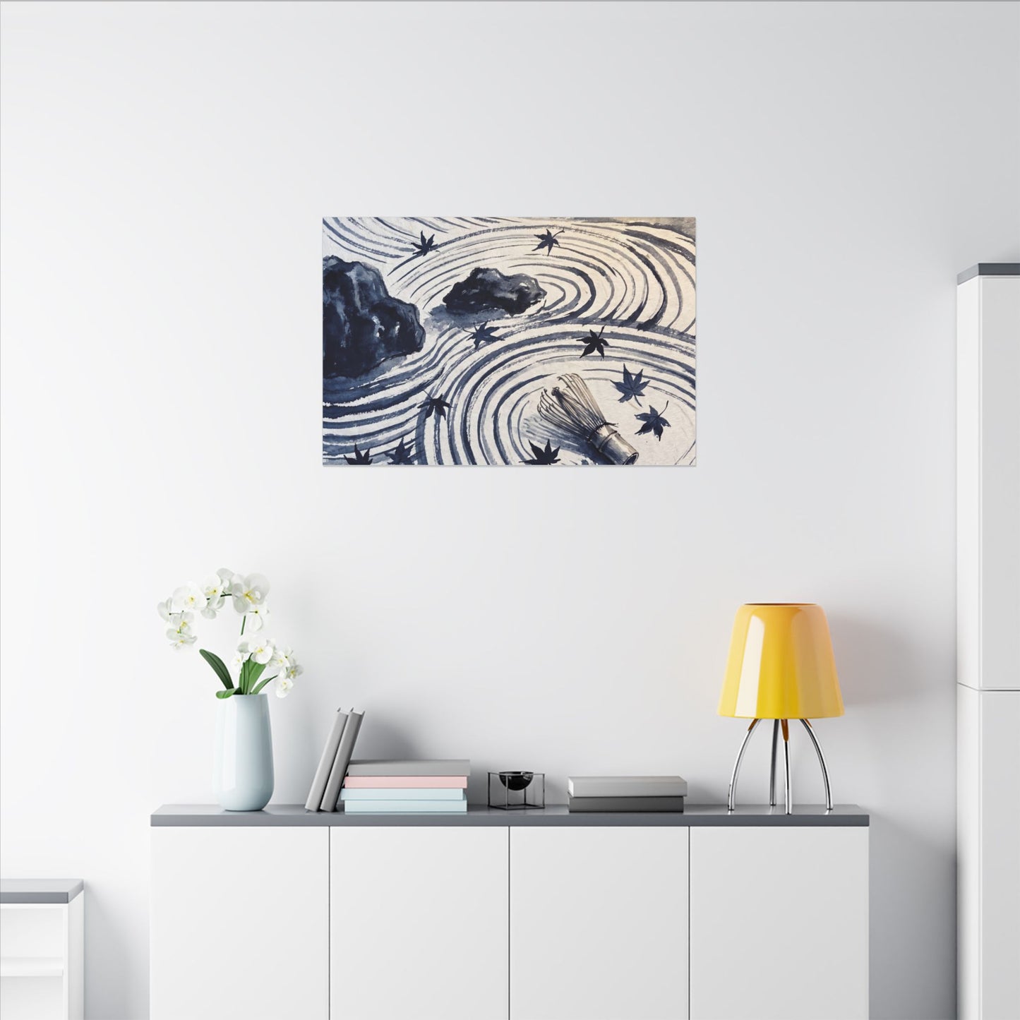 Zen Rock Garden in Golden Hour | Sumi E Canvas Art