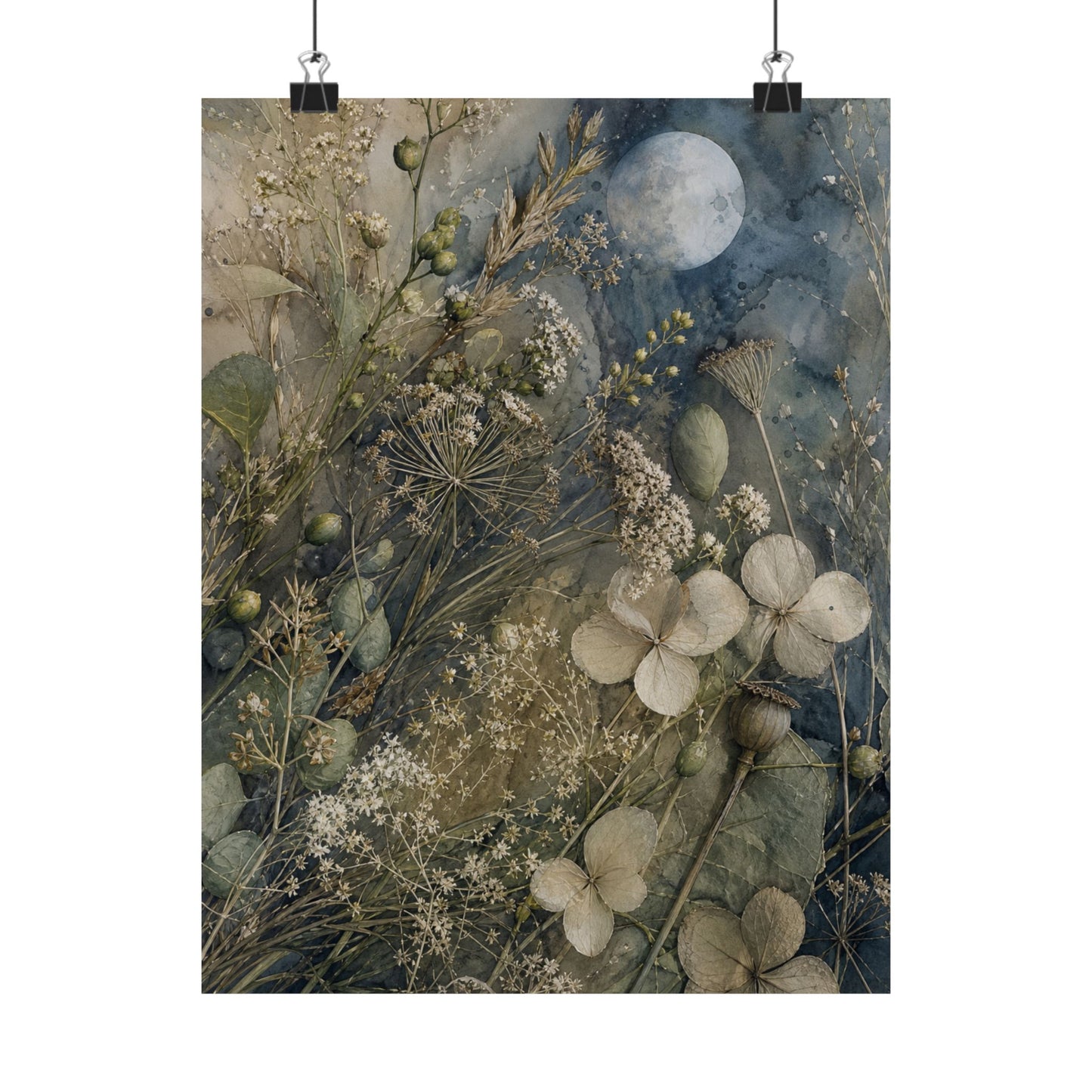 Japandi Dried Flowers in Moonlight | Watercolor Wall Art Print