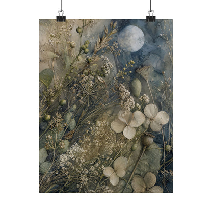 Japandi Dried Flowers in Moonlight | Watercolor Wall Art Print