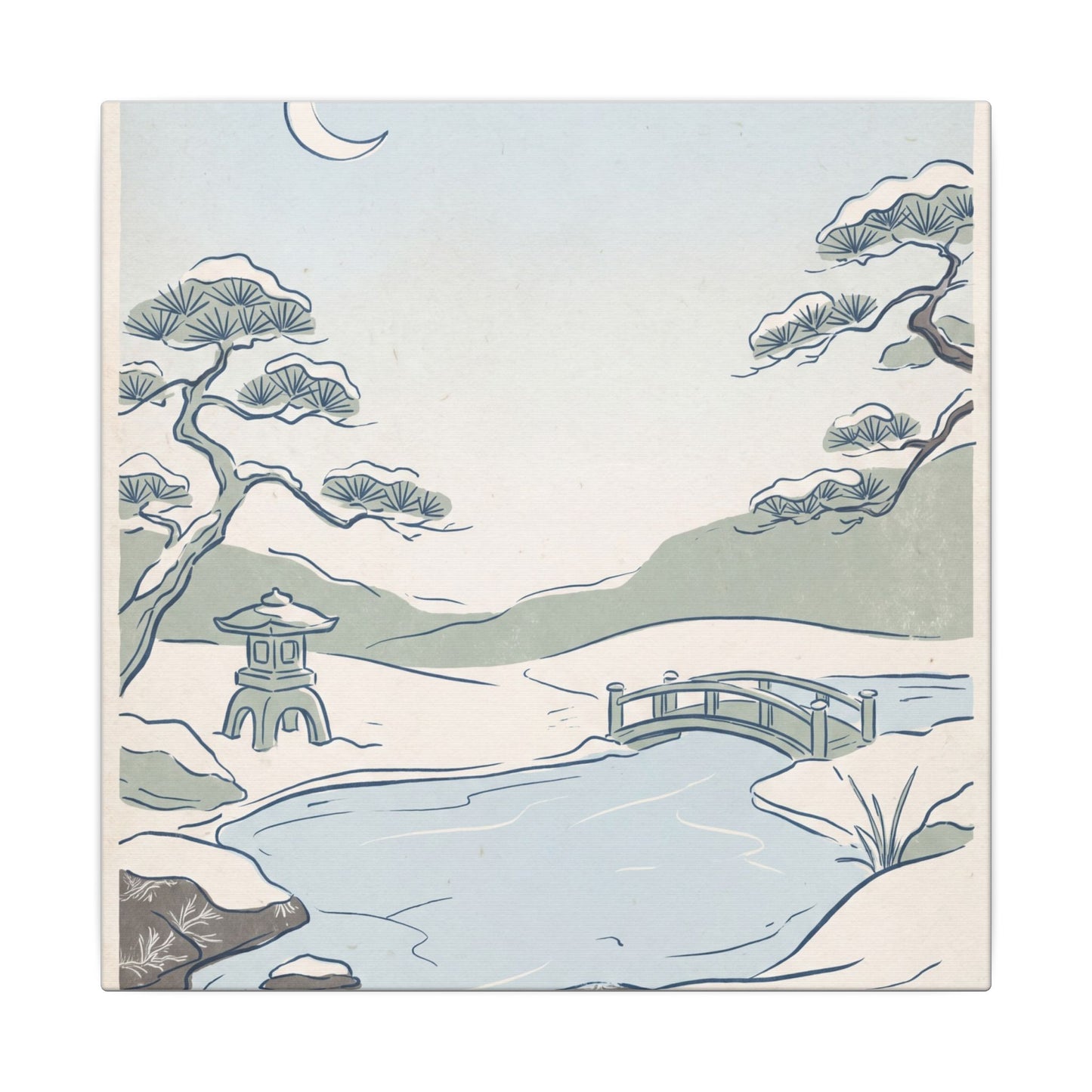Japandi Moonlit Garden in Moonlight | Minimal Line Canvas Art