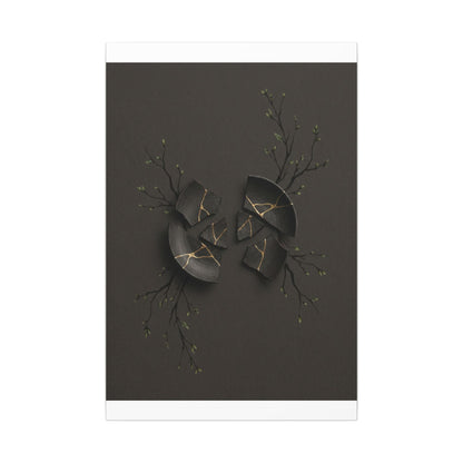 Sophisticated Broken Pottery Canvas Art - Charcoal Ink Dark Japandi