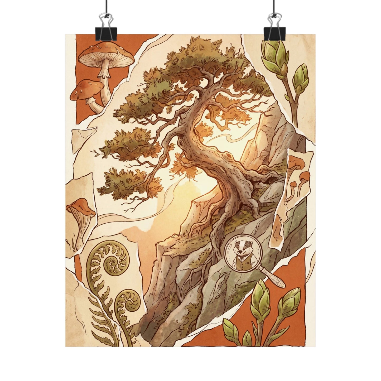Spring Pine Tree Mushroom Illustration Wall Art Print | Cozy Decor