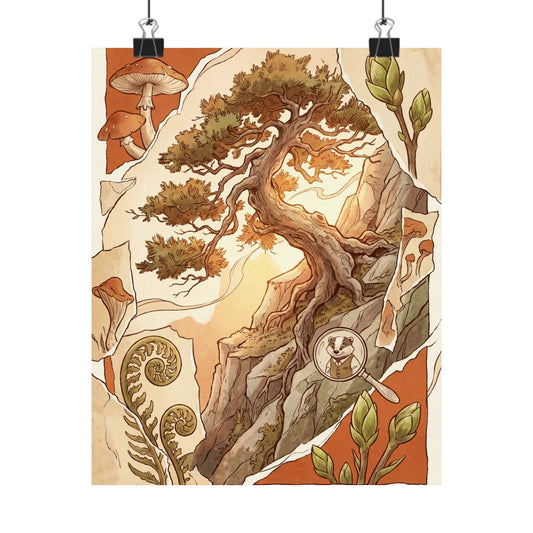 Spring Pine Tree Mushroom Illustration Wall Art Print | Cozy Decor