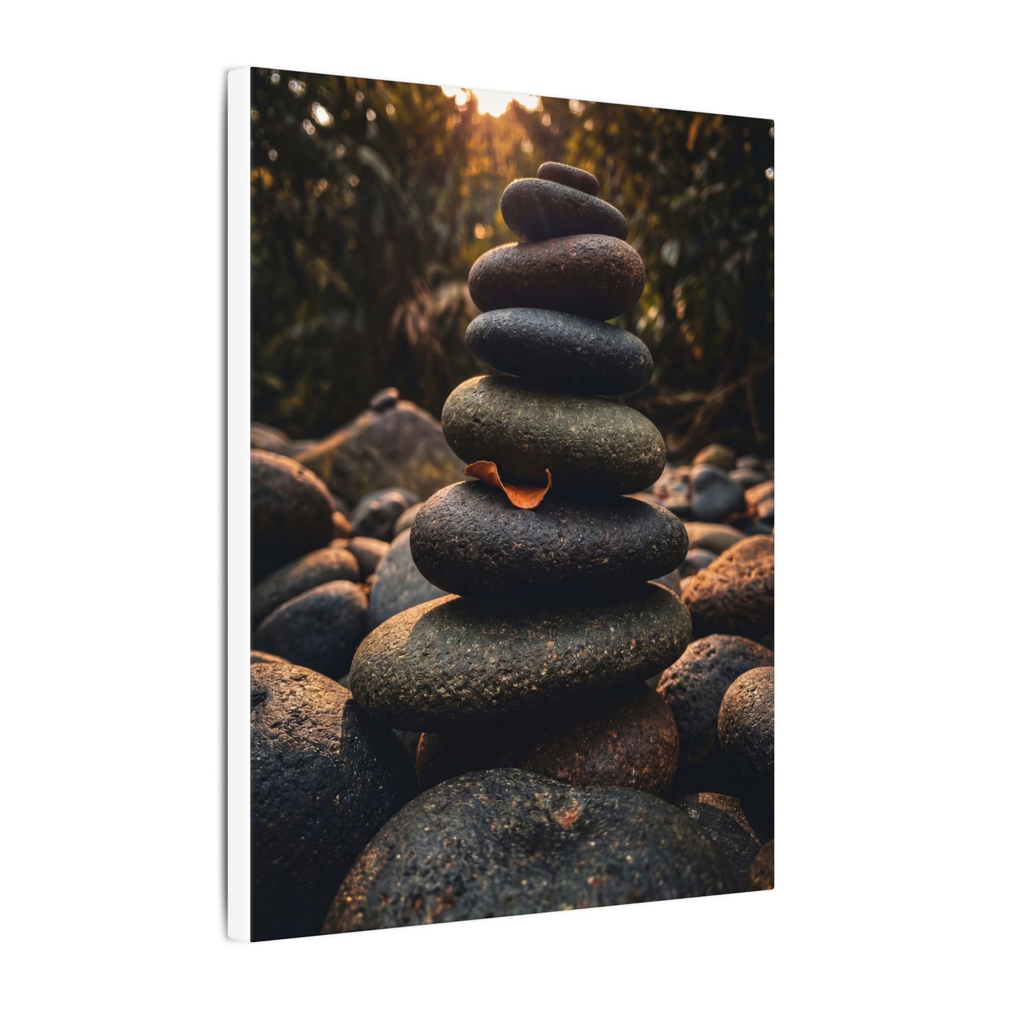 Dark Japandi River Stones in Golden Hour | Moody Minimal Canvas Art