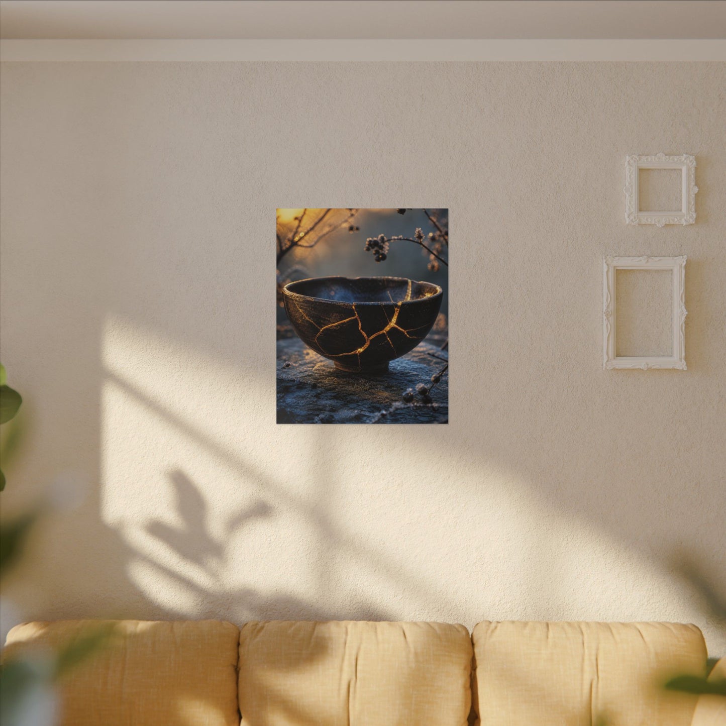 Ceramic Bowl Canvas Art | Winter Kintsugi Gold Repair Art