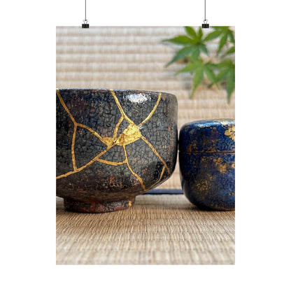 Kintsugi Tea Ceremony in Dawn | Crackle Gold Wall Art Print