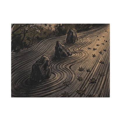 Rock Garden Canvas Art | Autumn Dark Japandi Charcoal Ink Art
