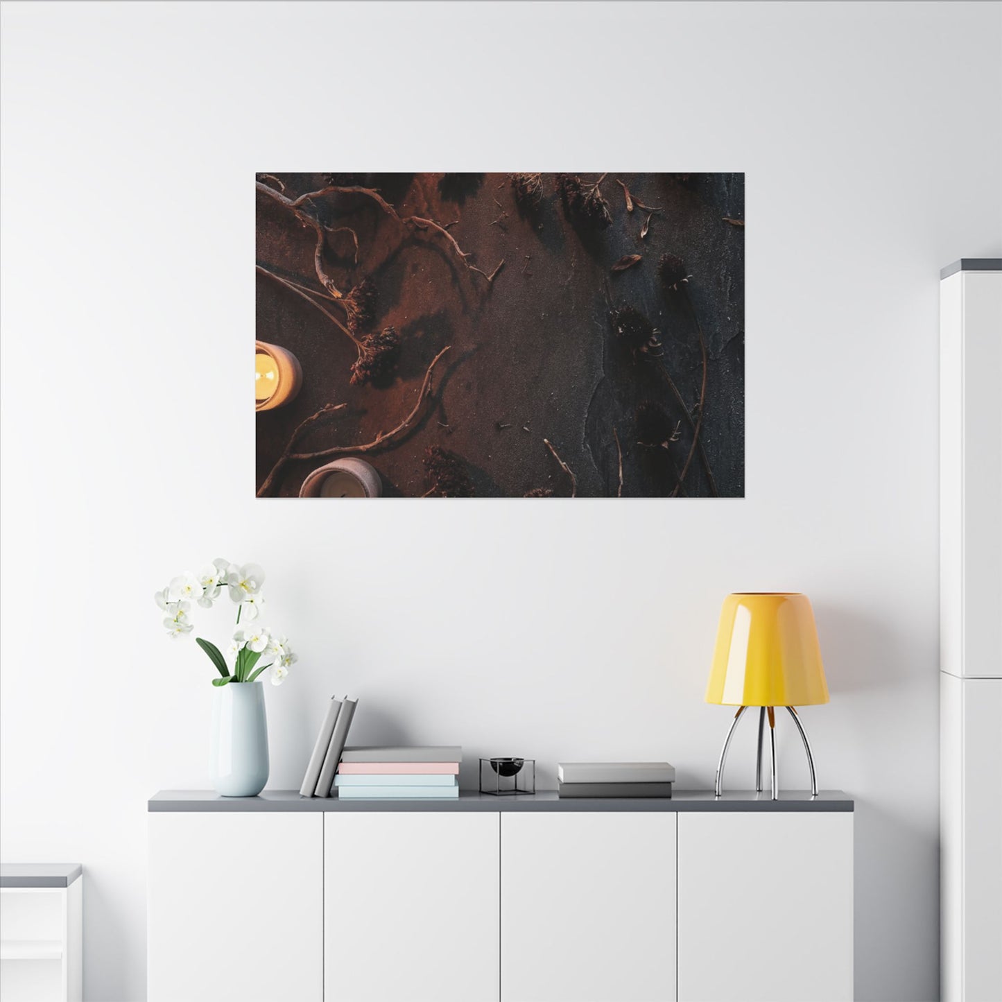 Dried Flowers Canvas Art | Winter Dark Japandi Moody Minimal Art