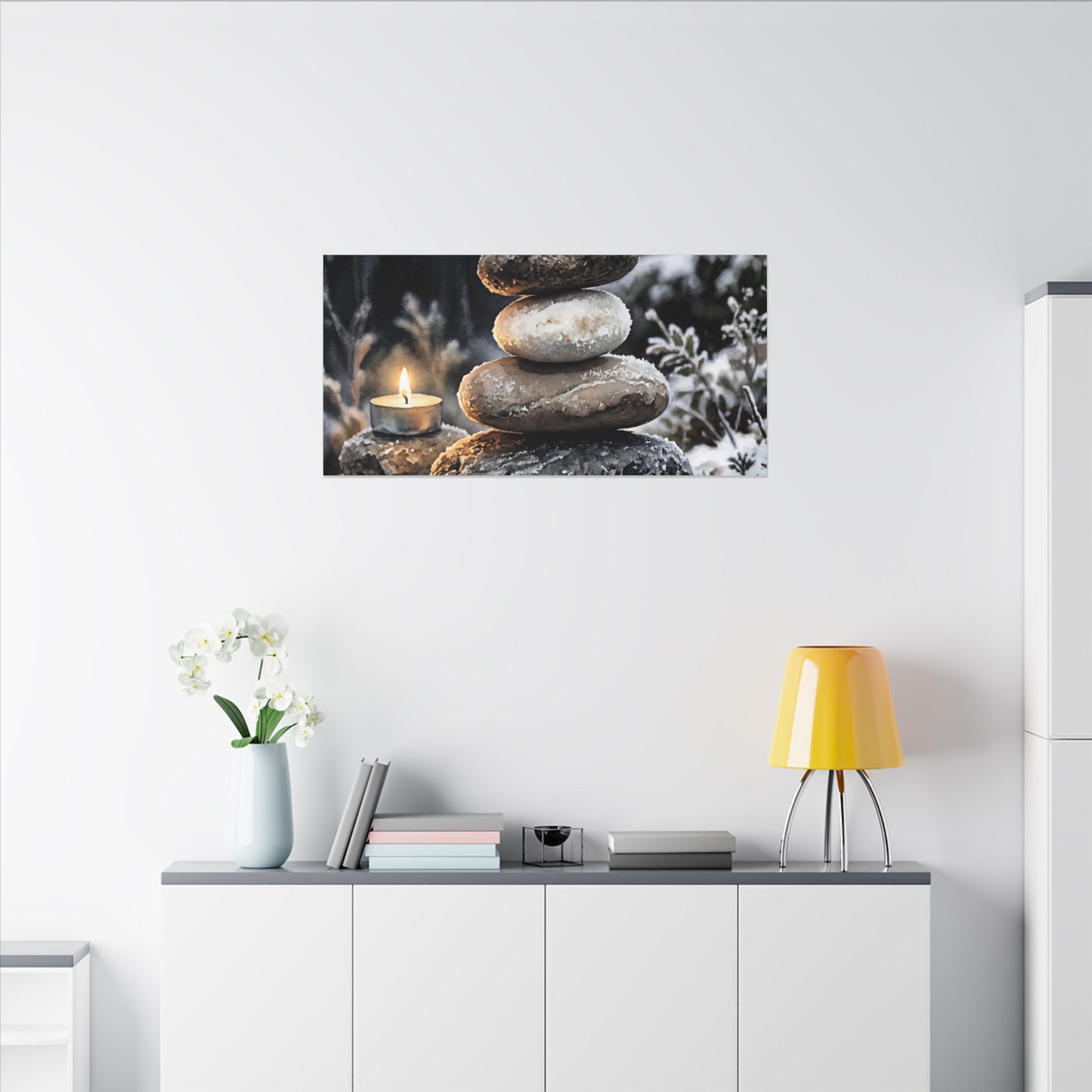 River Stones Canvas Art | Winter Japandi Watercolor Art