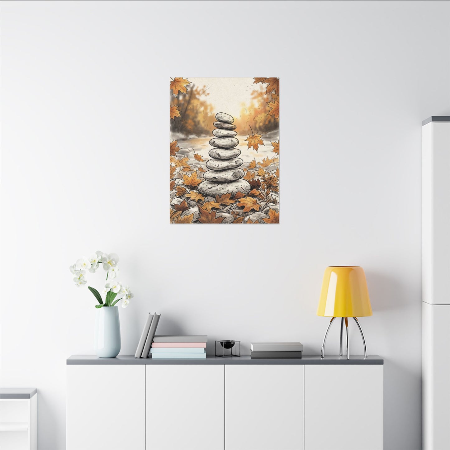 Earthy River Stones Canvas Art - Minimal Line Japandi