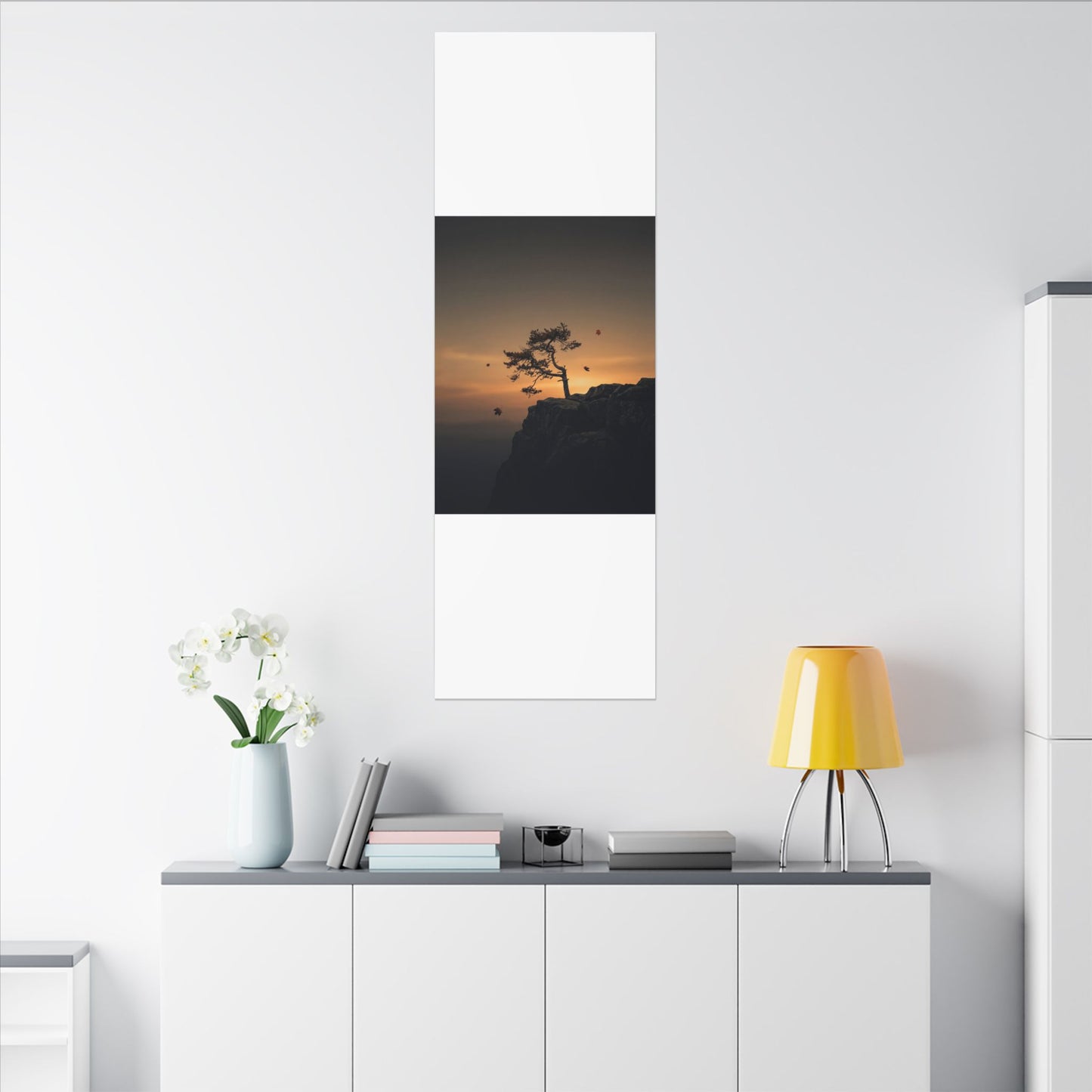 Dark Japandi Pine Tree in Golden Hour | Moody Minimal Canvas Art