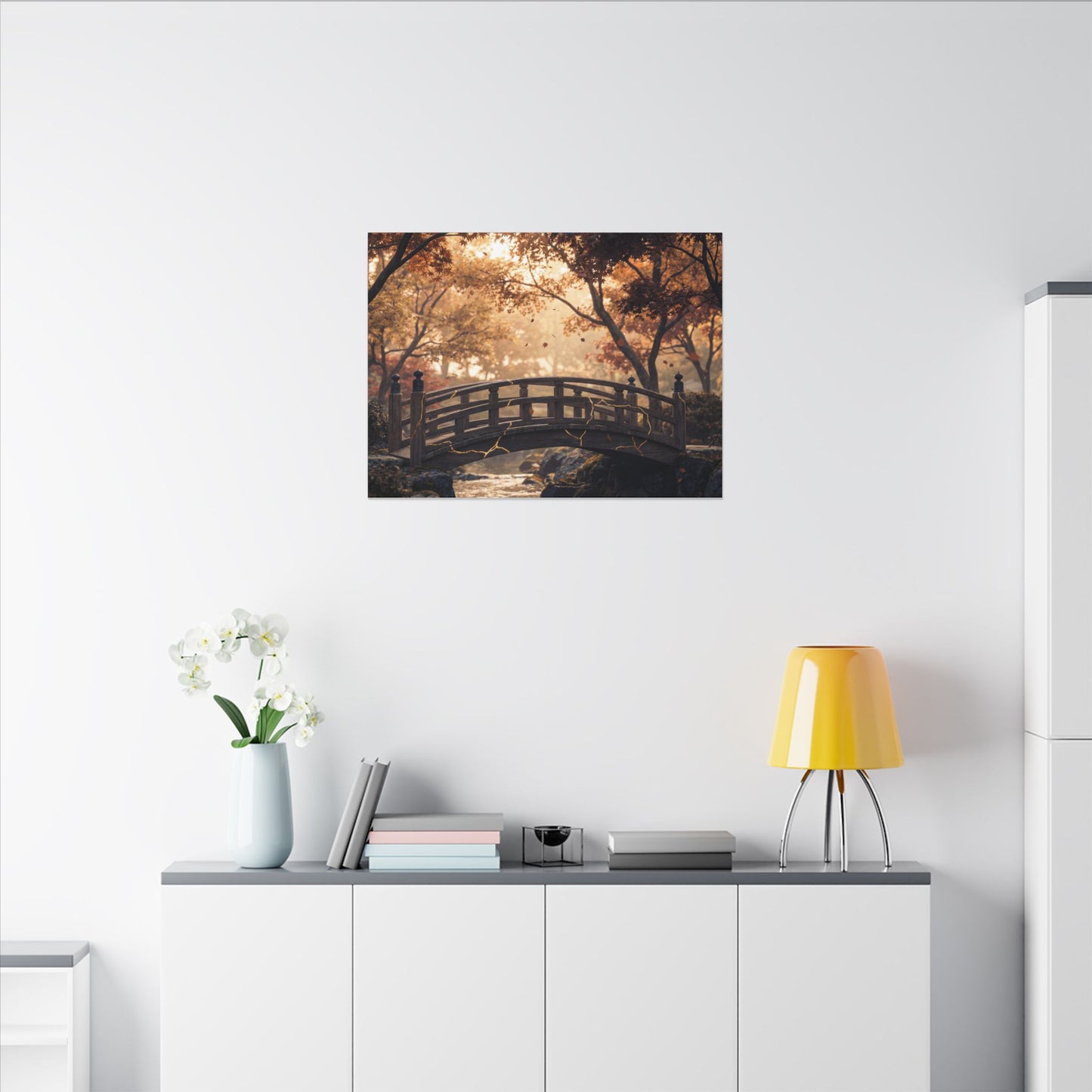 Autumn Wooden Bridge Gold Vein Canvas Art | Resilient Decor