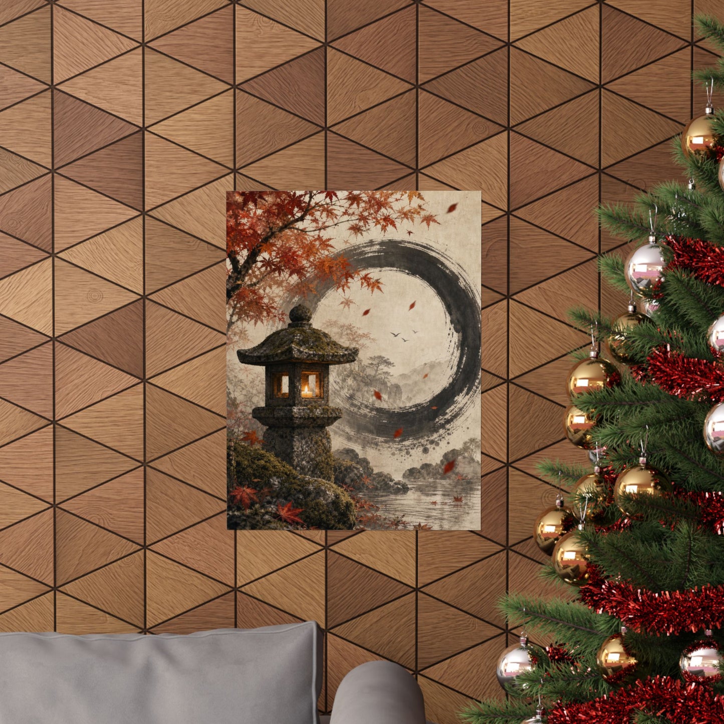 Autumn Stone Lantern Enso Wall Art Print | Serene Decor