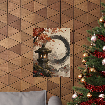 Autumn Stone Lantern Enso Wall Art Print | Serene Decor