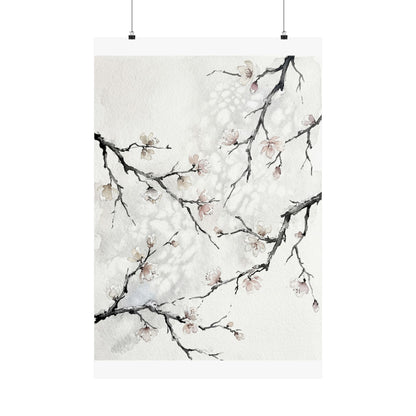 Winter Cherry Blossom Watercolor Wall Art Print | Elegant Decor Art Print