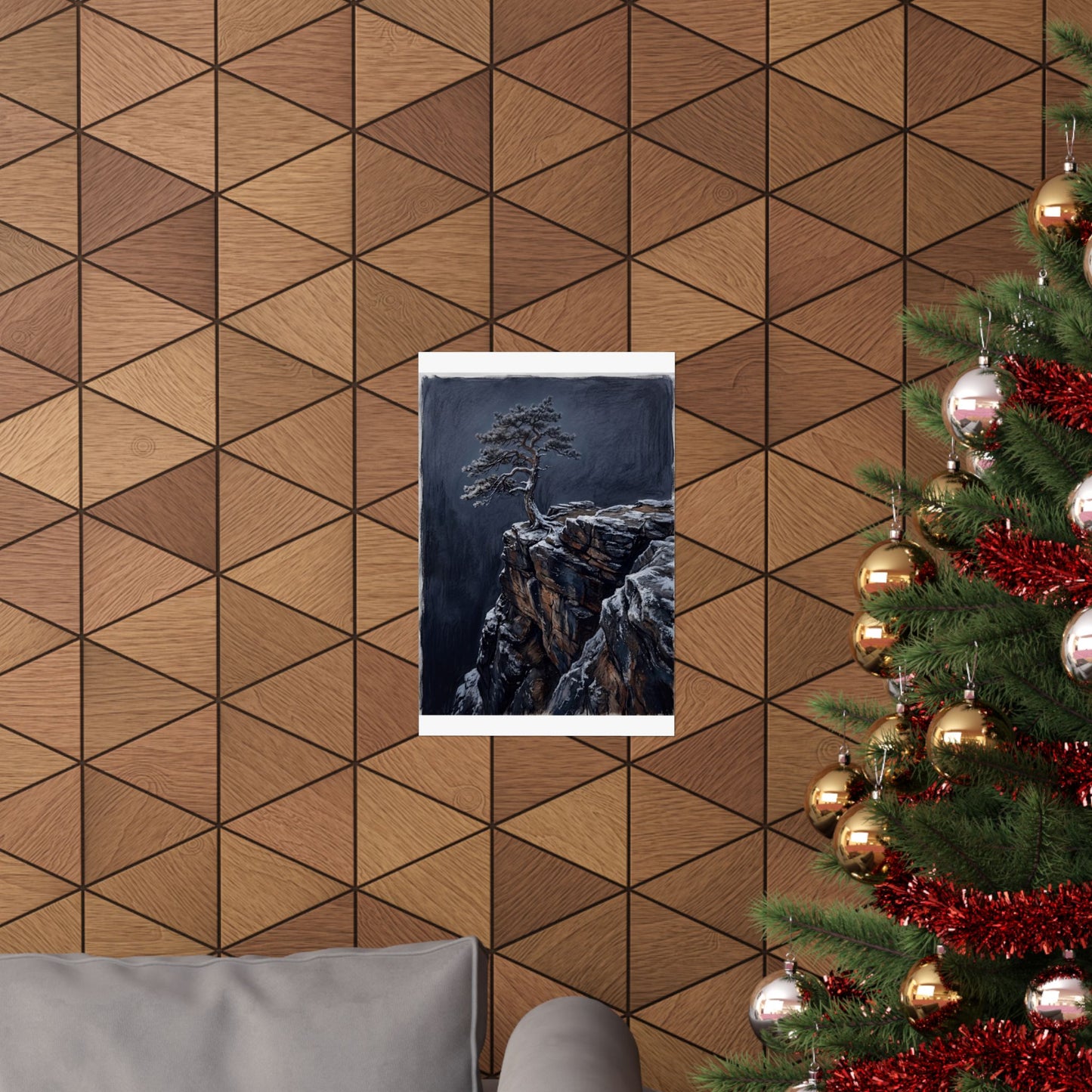 Sophisticated Pine Tree Wall Art Print - Dark Texture Dark Japandi