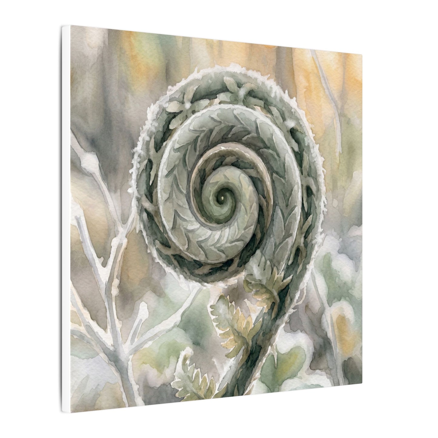 Winter Fern Unfurling Watercolor Canvas Art | Cozy Decor