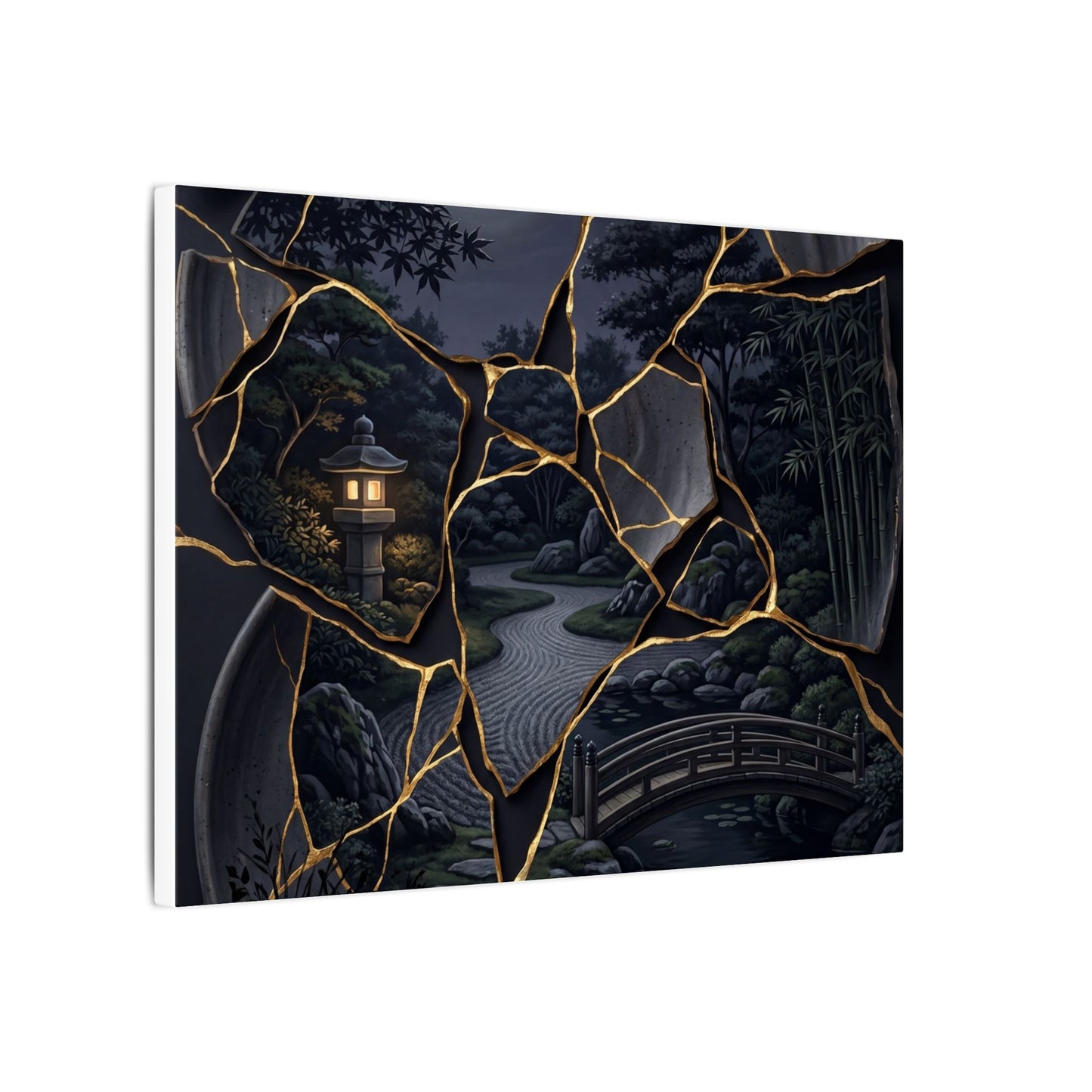 Kintsugi Moonlit Garden in Golden Hour | Gold Repair Canvas Art
