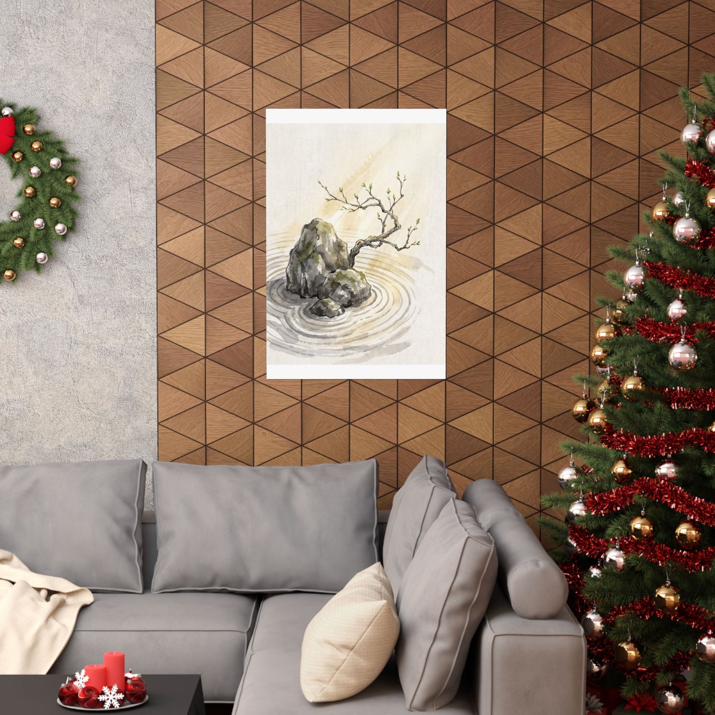 Zen Rock Garden in Golden Hour | Sumi E Wall Art Print