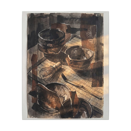 Tea Ceremony Charcoal Ink Canvas Art | Luxurious Dark Japandi Art