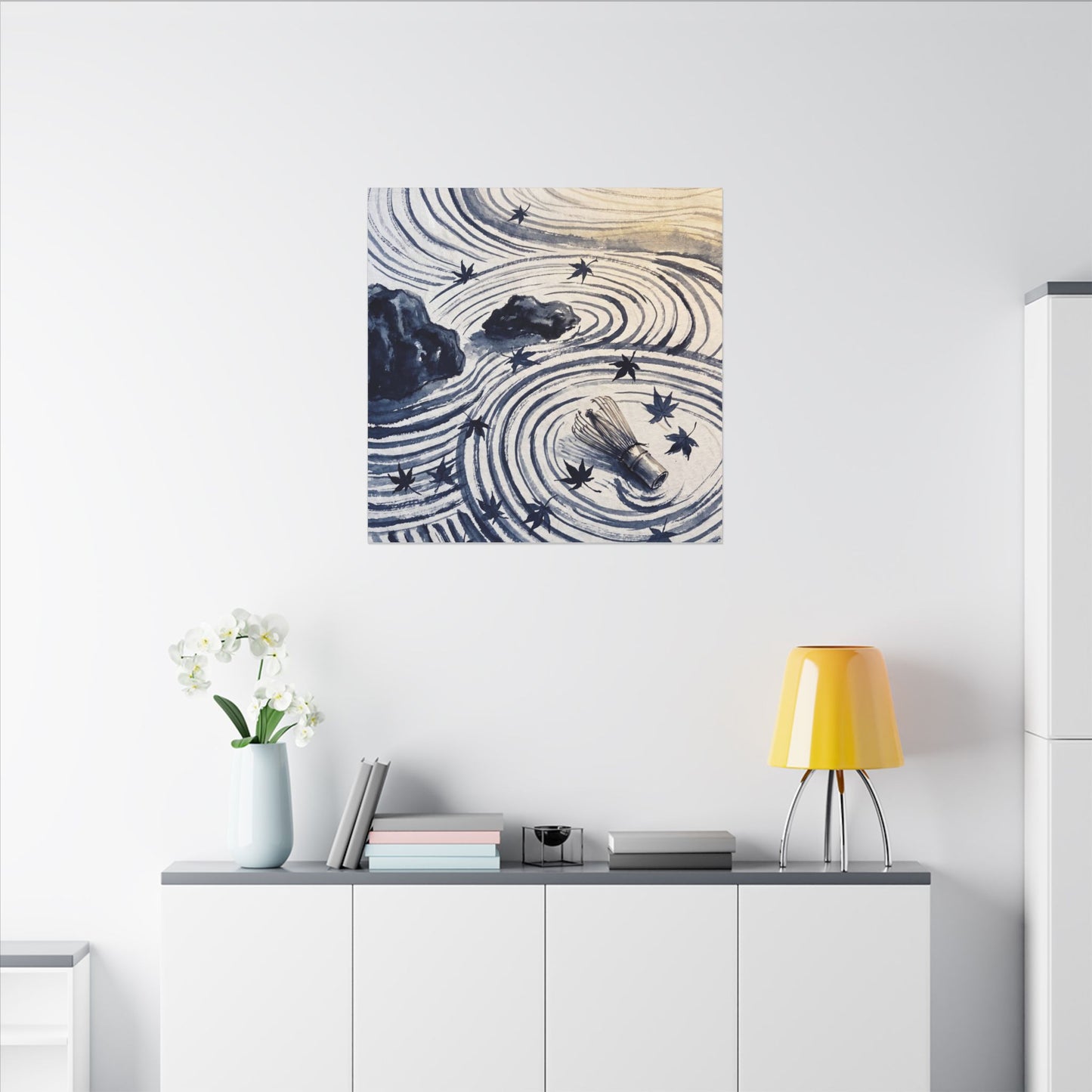 Zen Rock Garden in Golden Hour | Sumi E Canvas Art
