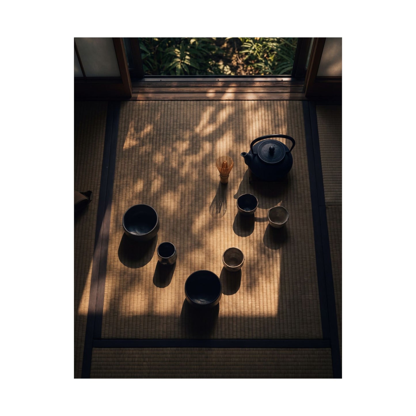 Golden Hour Tea Ceremony Wall Art Print - Dark Japandi Shibui