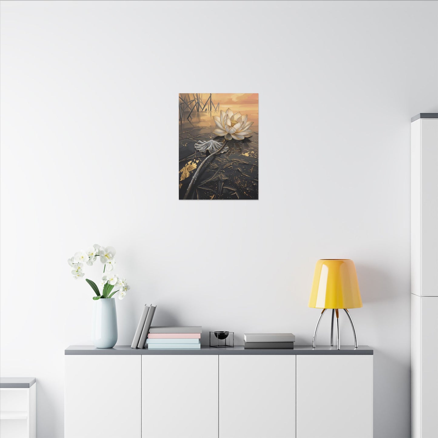 Kintsugi Lotus Flower in Golden Hour | Gold Vein Canvas Art