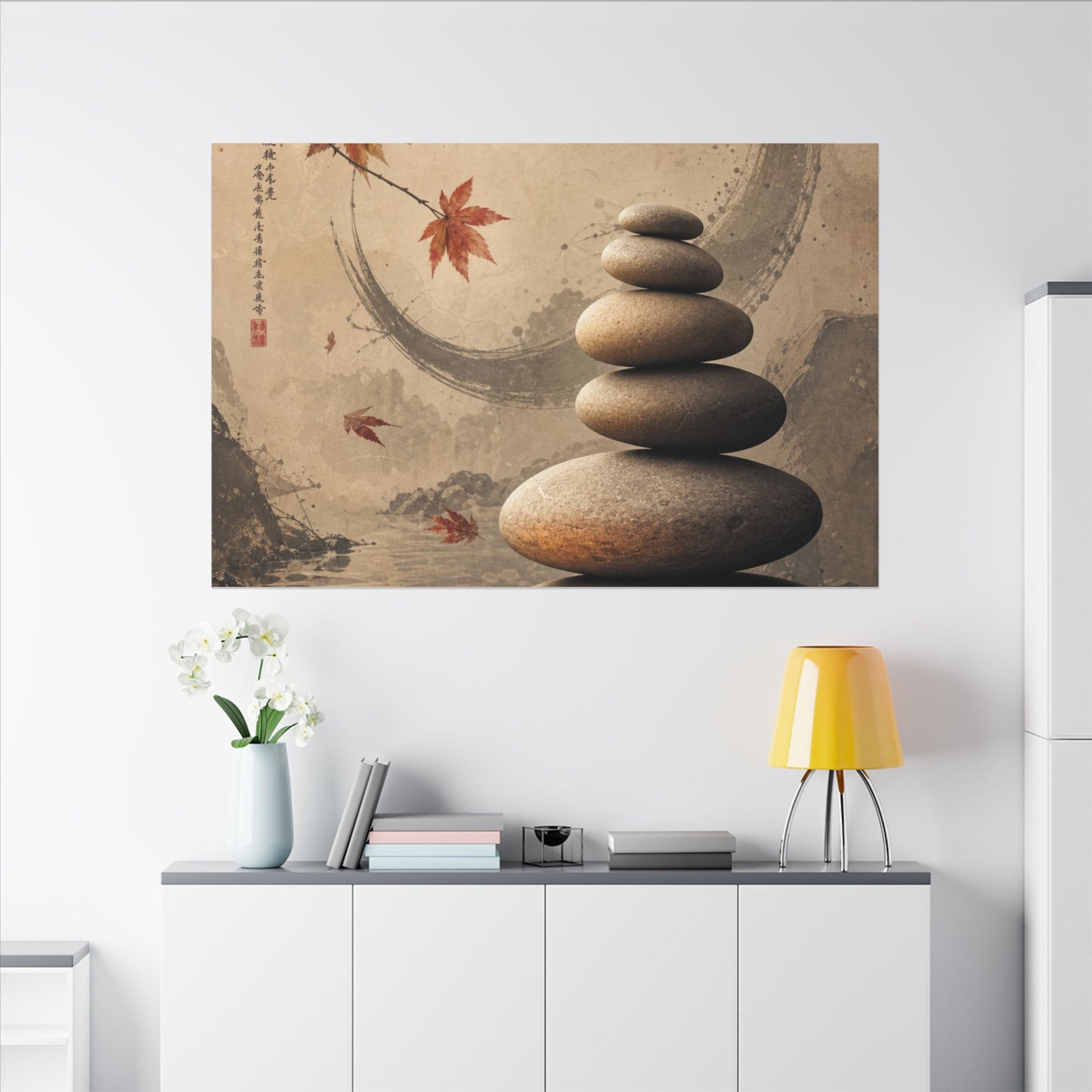 Japandi River Stones in Candlelight | Japanese Pattern Canvas Art