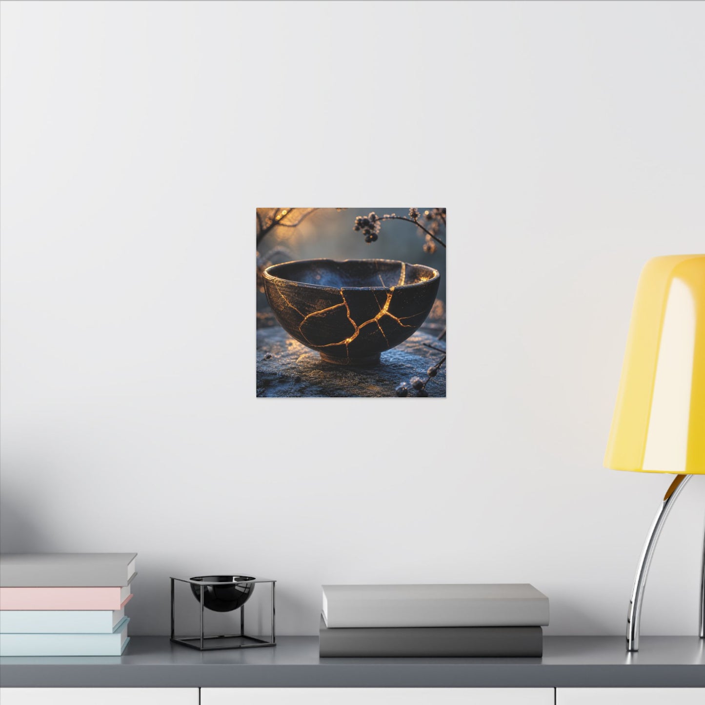 Ceramic Bowl Canvas Art | Winter Kintsugi Gold Repair Art