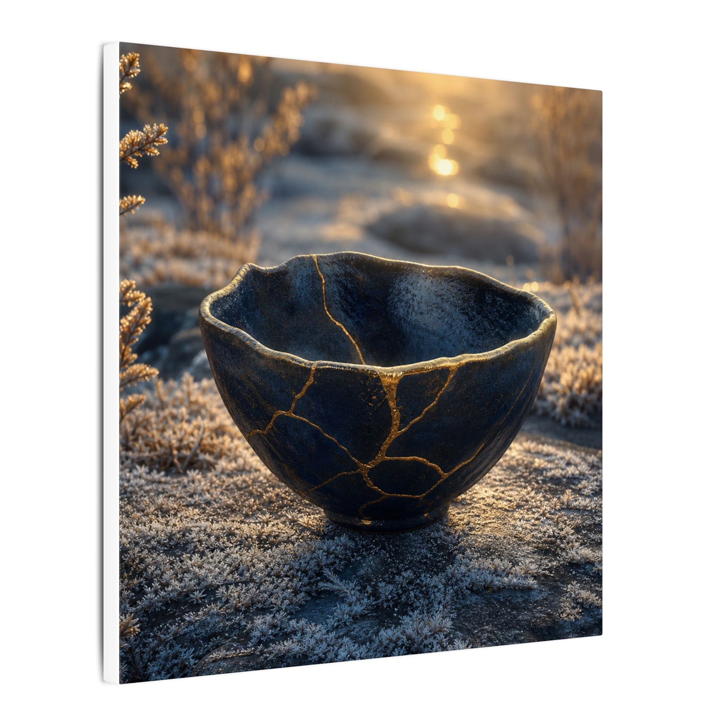Ceramic Bowl Canvas Art | Winter Kintsugi Gold Repair Art