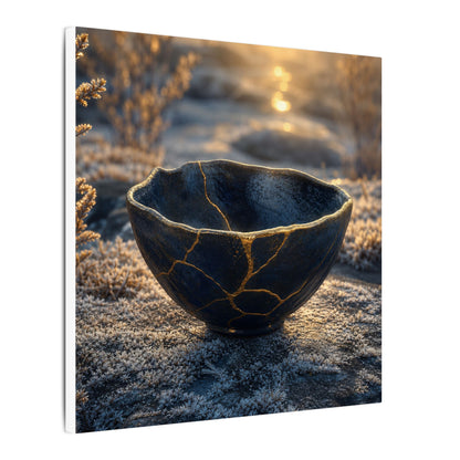 Ceramic Bowl Canvas Art | Winter Kintsugi Gold Repair Art