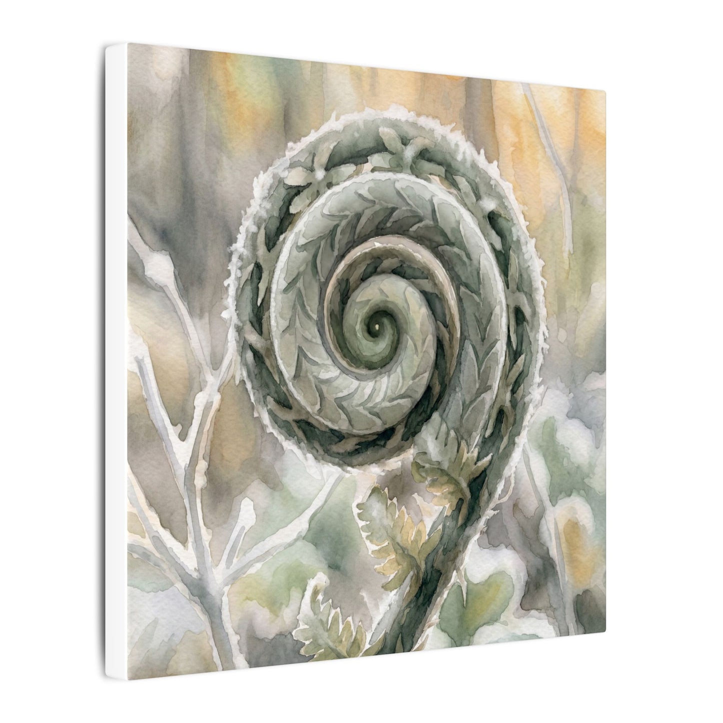 Winter Fern Unfurling Watercolor Canvas Art | Cozy Decor