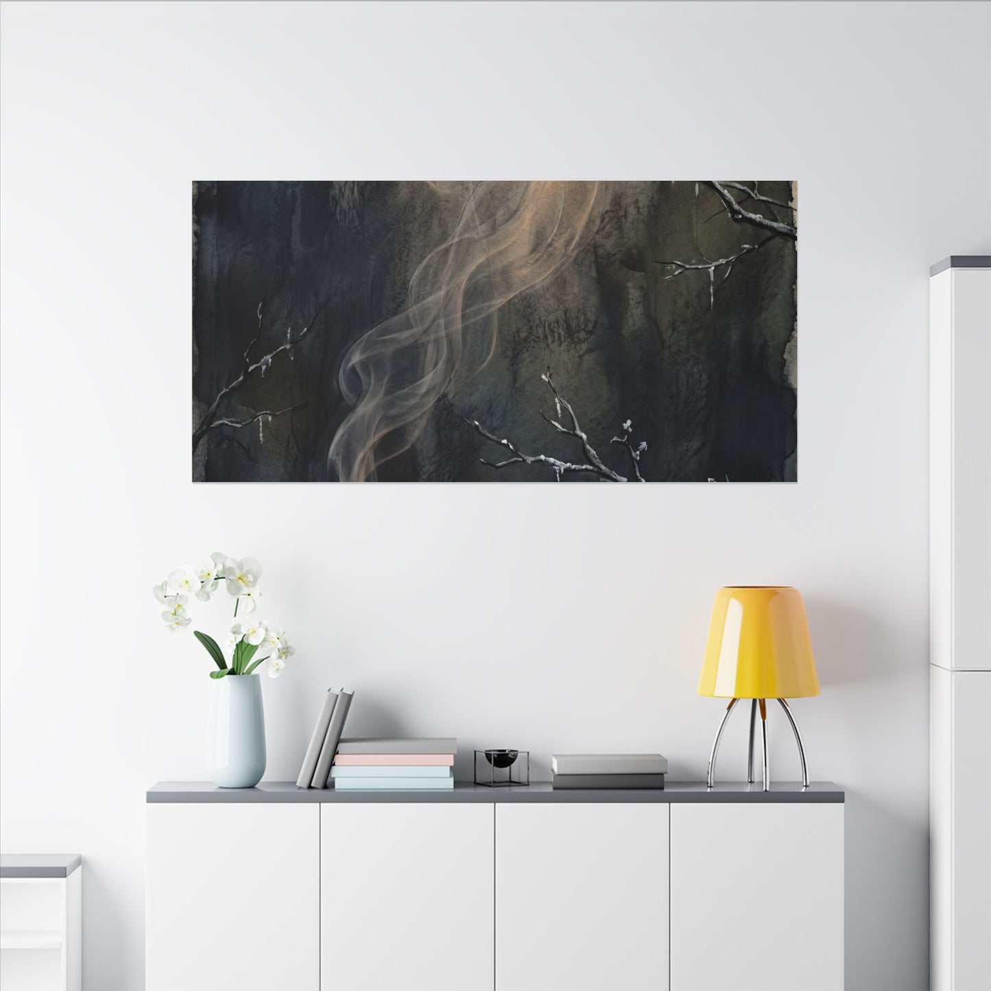 Incense Smoke Winter Canvas Art | Dark Japandi Moody Design