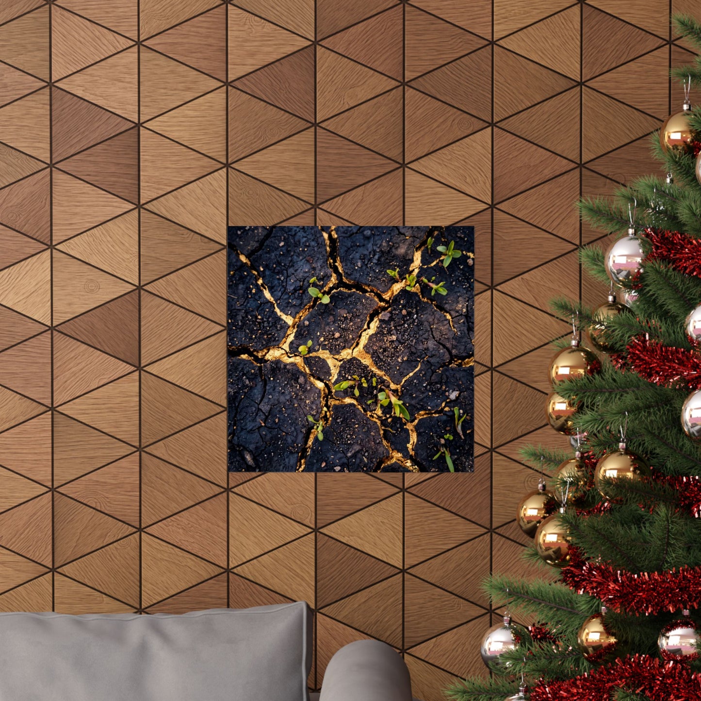 Healing Cracked Earth Wall Art Print - Crackle Gold Kintsugi
