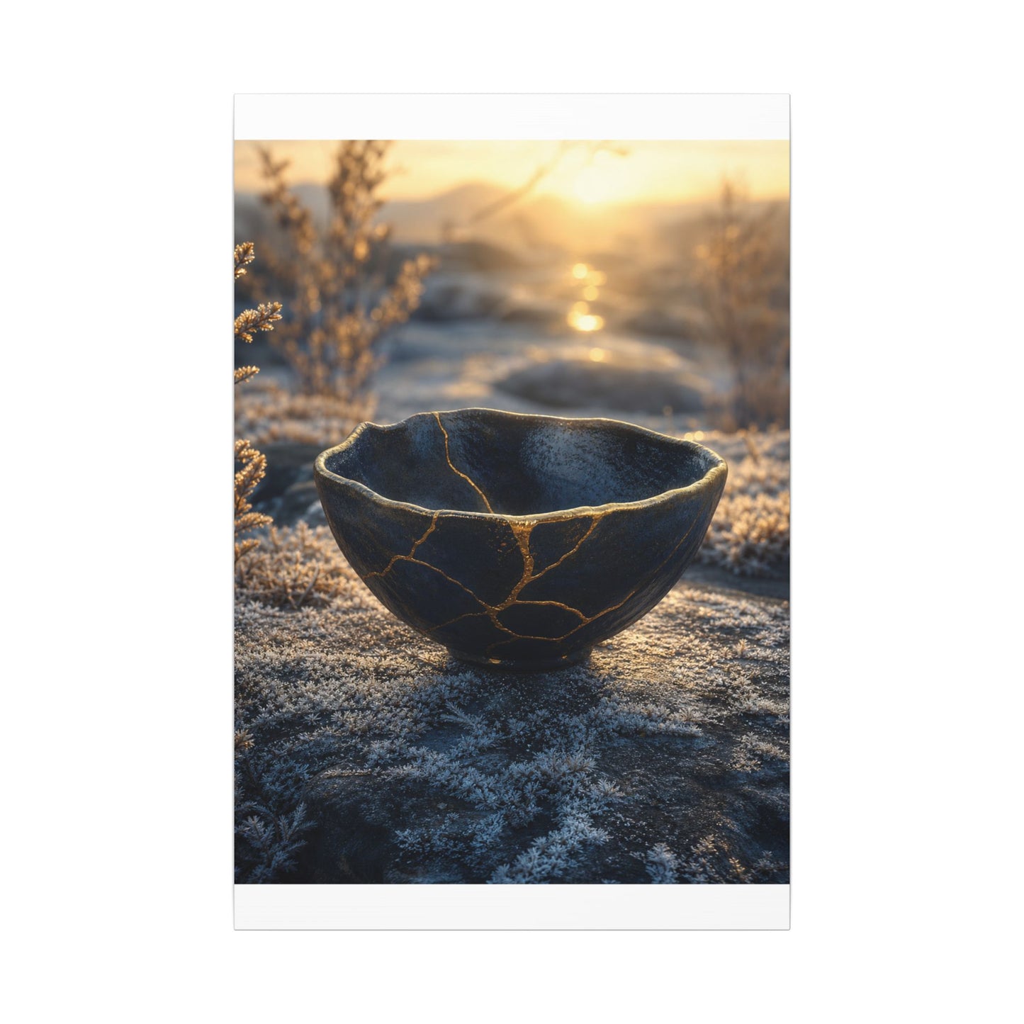 Ceramic Bowl Canvas Art | Winter Kintsugi Gold Repair Art