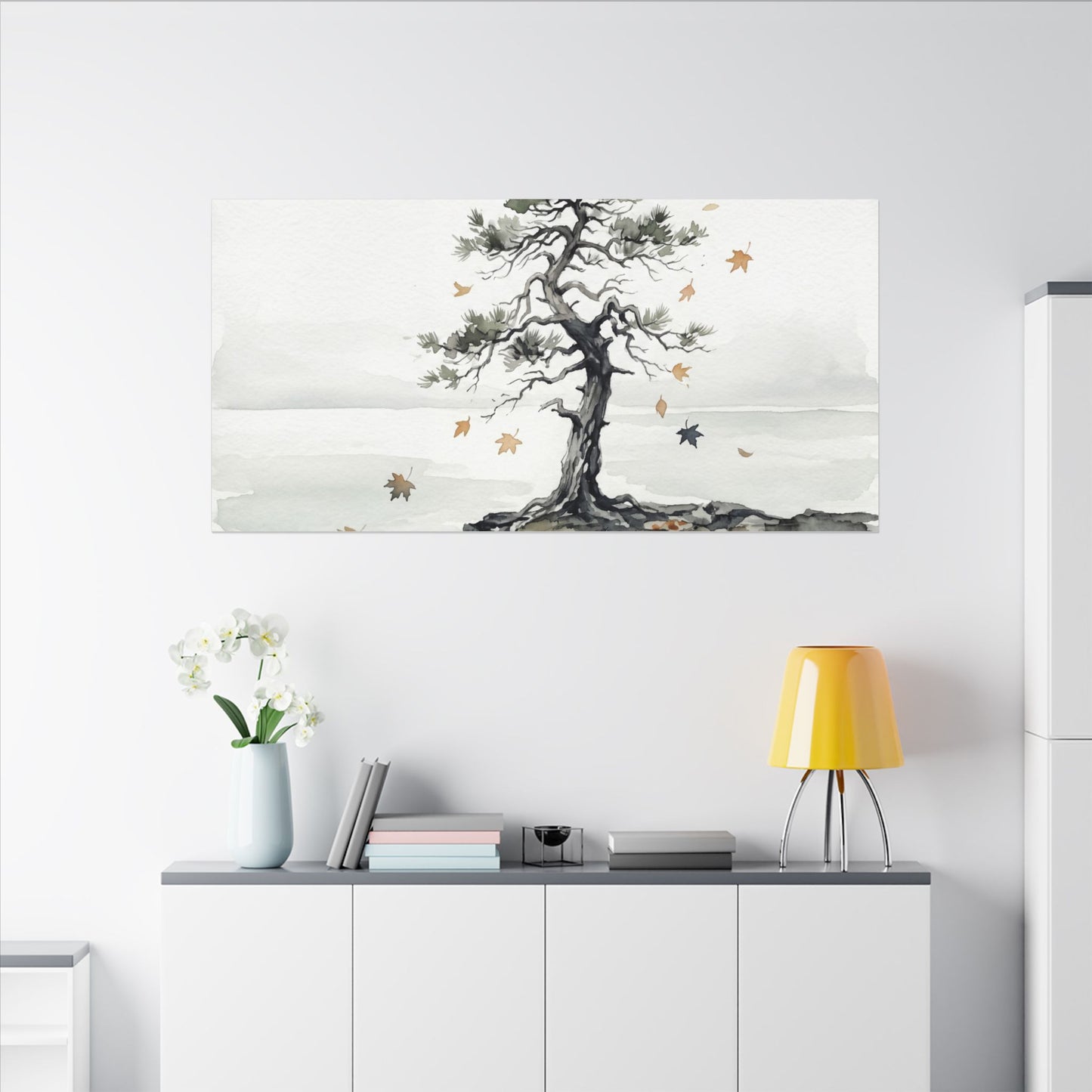 Japandi Pine Tree in Overcast | Watercolor Canvas Art