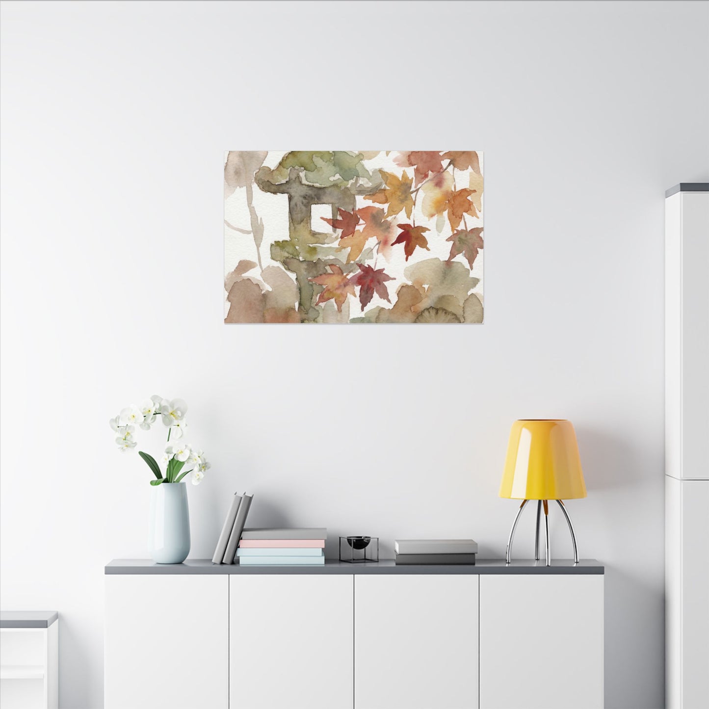 Stone Lantern Watercolor Canvas Art | Earthy Japandi Art